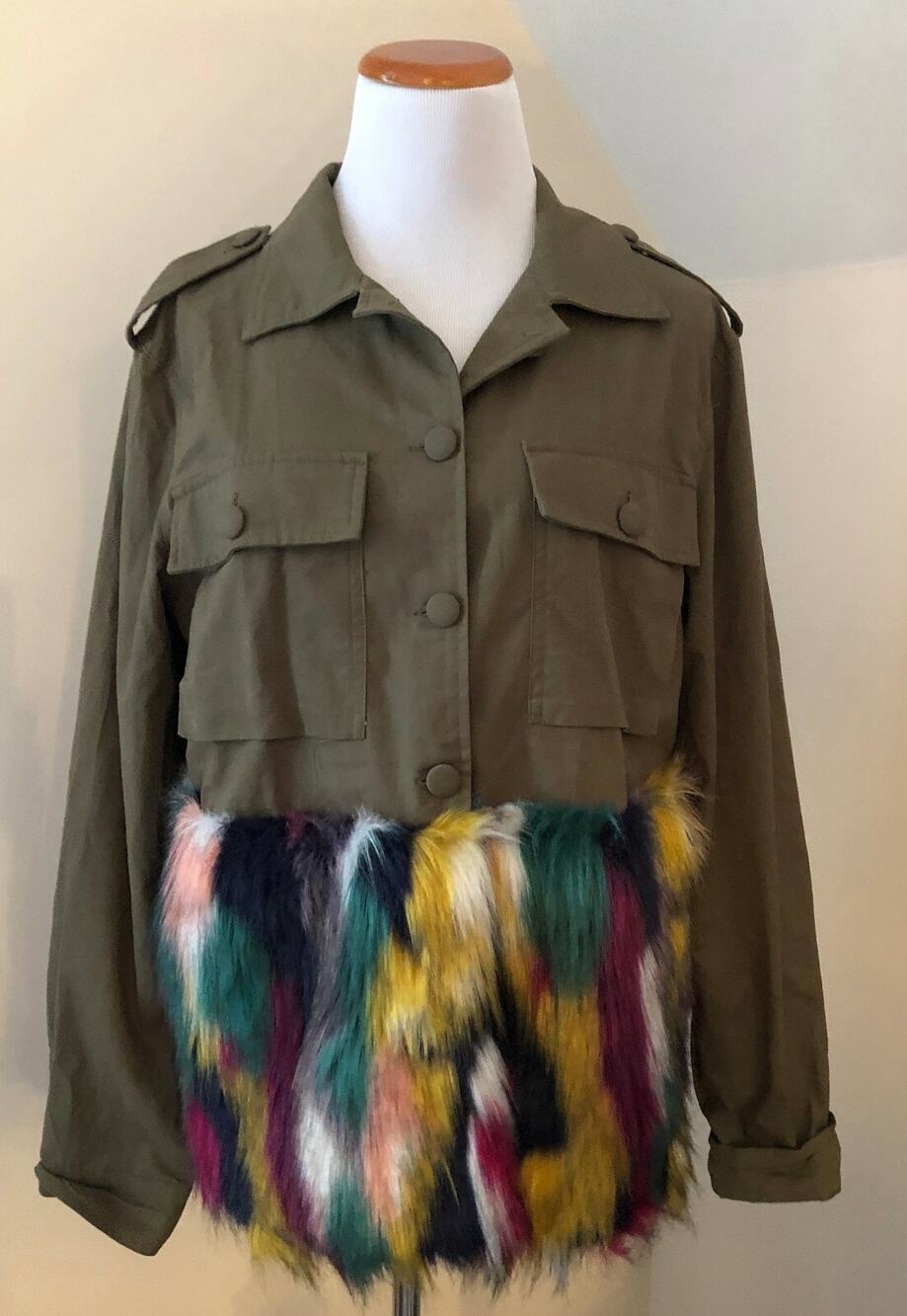 SHEIN Olive Green Coat with Rainbow Faux Fur Trim, Buttons, 100% Cotton, Large